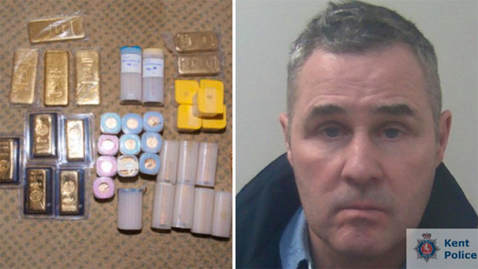  Left: Gold bars and other items recovered by police in a hotel room. Right: Police photo of Bordeaux Cellars CEO Stephen Burton